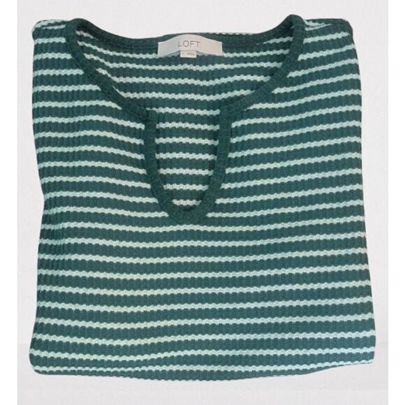 LOFT Striped Waffle Split Neck Long Sleeve Shirt - Forest Emerald - Size Large - Picture 1 of 5